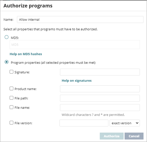 Screen shot of Endpoint Security Authorize Programs dialog box