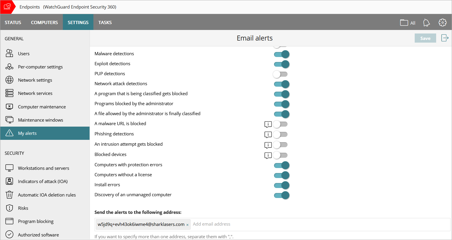 Screen shot of WatchGuard Endpoint Security, My Alerts