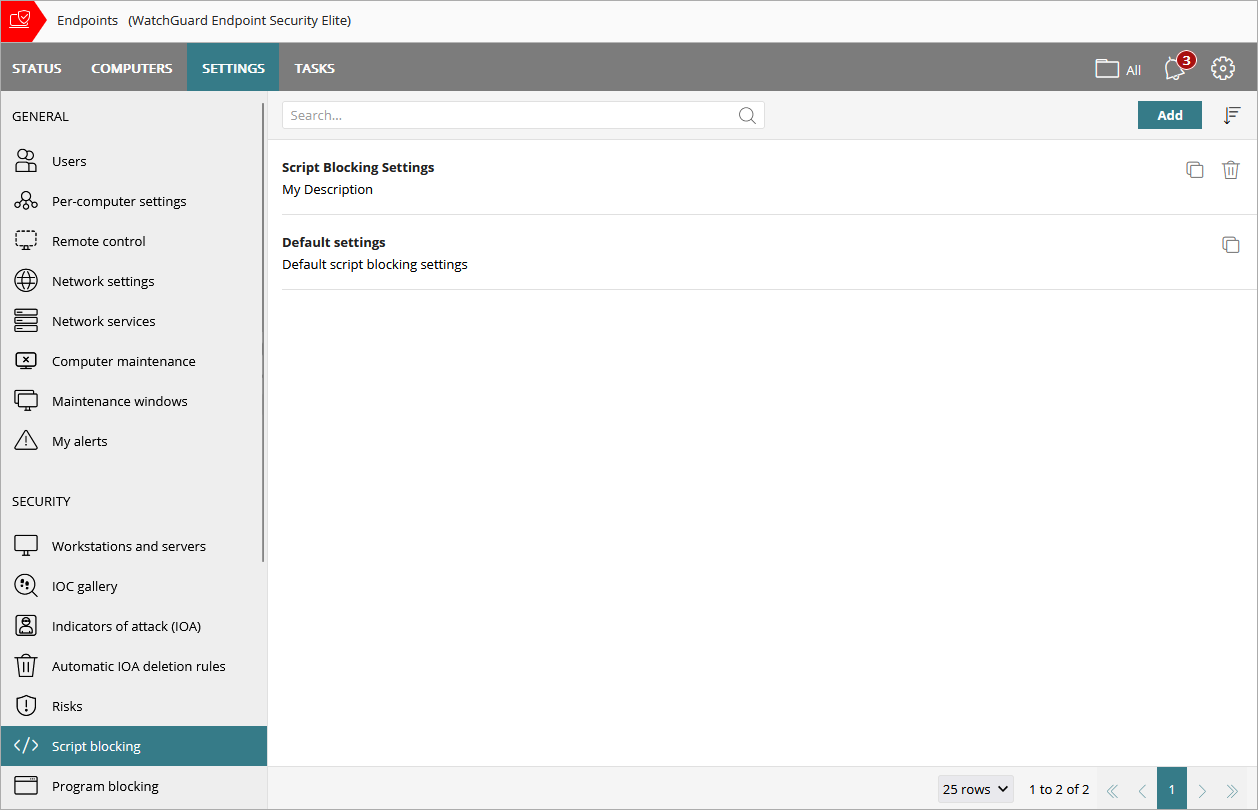 Screenshot of the Script Blocking page