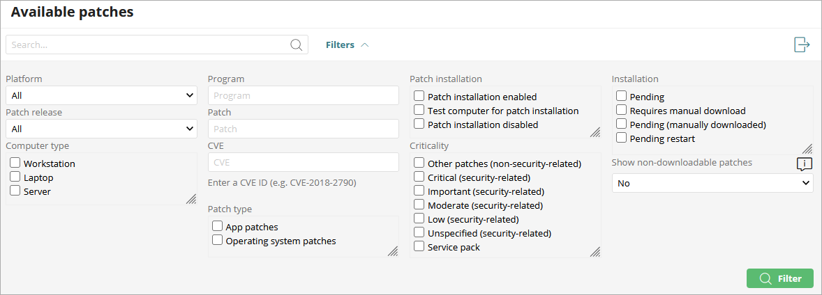 Screen shot of Endpoint Security Available Patches list filter