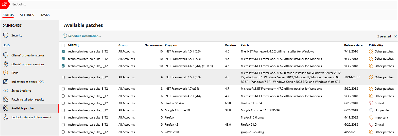 Screen shot of Endpoint Security Available Patches list for Service Providers, Schedule Installation button