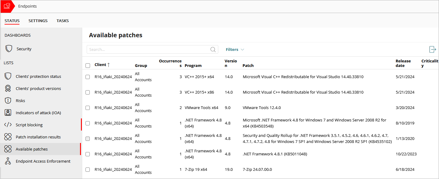 Screen shot of Endpoint Security Available Patches list for Service Providers