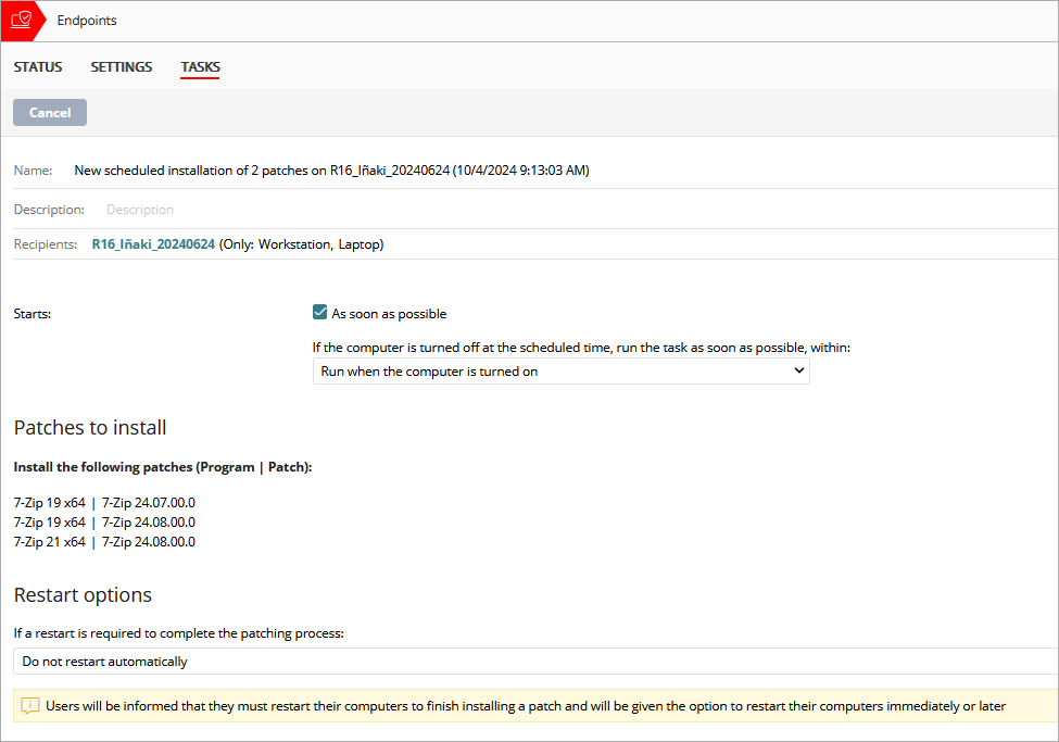 Screen shot of Endpoint Security schedule patch installation for Service Providers