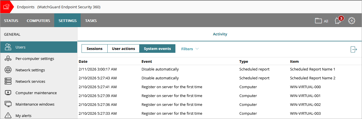 Screen shot of WatchGuard Endpoint Security, Users Activity page