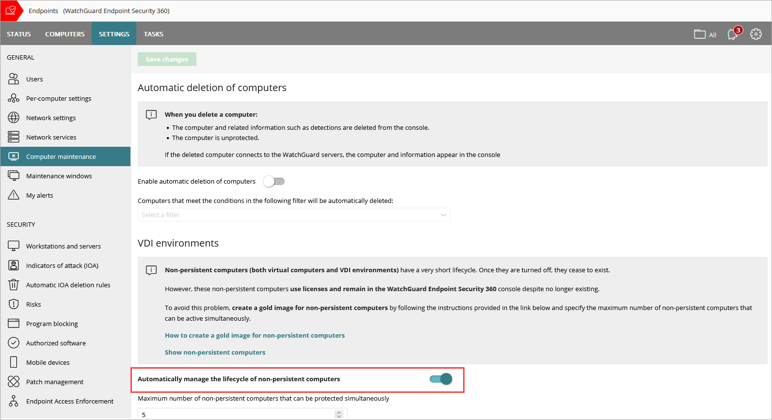 Screen shot of WatchGuard Endpoint Security, Maximum number of non-persistent computers