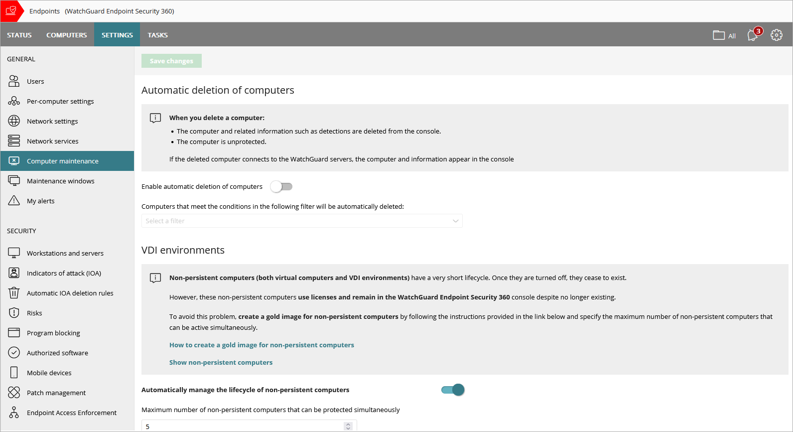 Screen shot of WatchGuard Endpoint Security, VDI Environments settings
