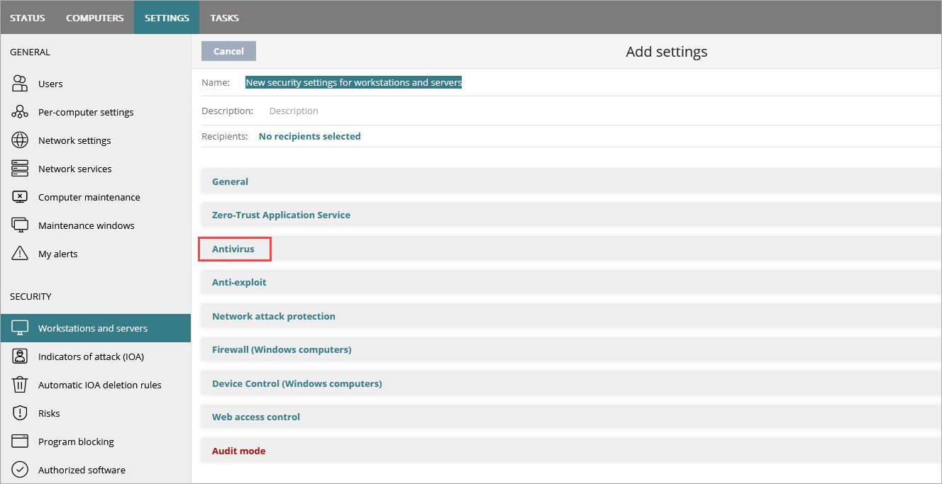 Screen shot of WatchGuard Endpoint Security, Add settings page