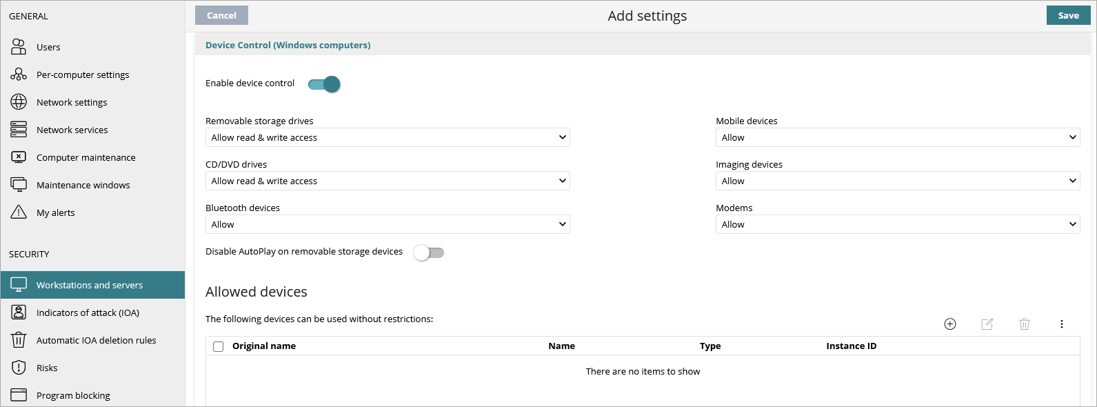Screen shot of WatchGuard Endpoint Security, Device Control settings