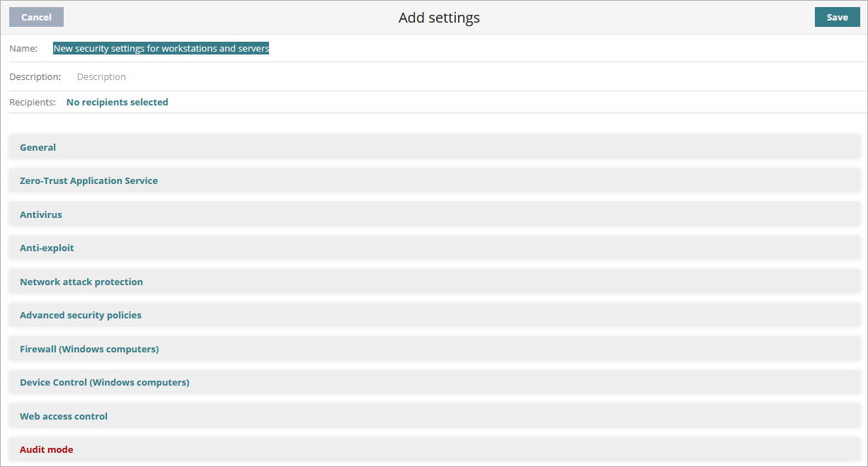 Screen shot of WatchGuard Endpoint Security, Add Settings dialog box