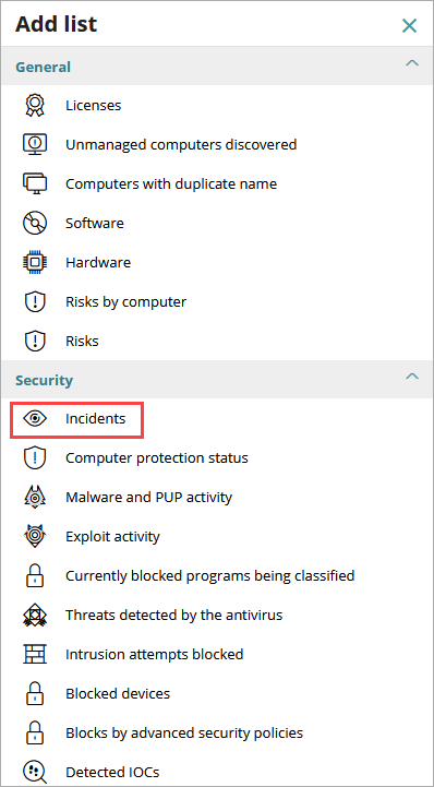 Screen shot of Add List dialog box, Endpoint Security
