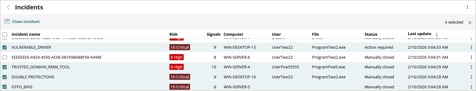 Screen shot of Incidents list, Endpoint Security, change to closed