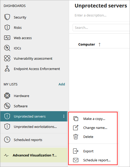 Screen shot of WatchGuard Endpoint Security, My Lists options