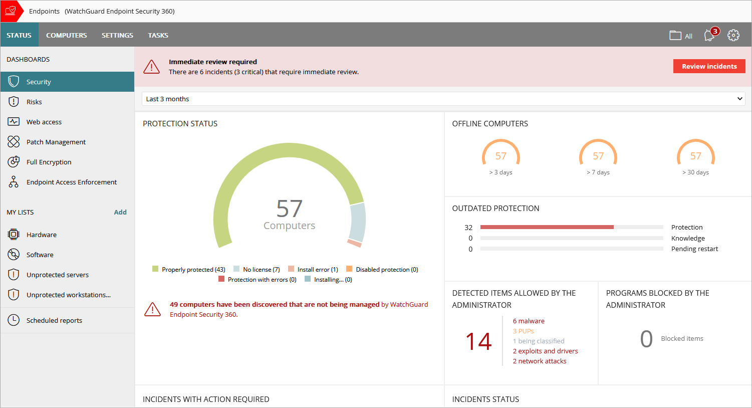 Screen shot of the Endpoint Security 360 Security dashboard