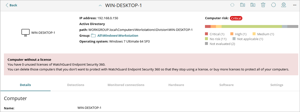  Screen shot of WatchGuard Endpoint Security, Computer details error messages