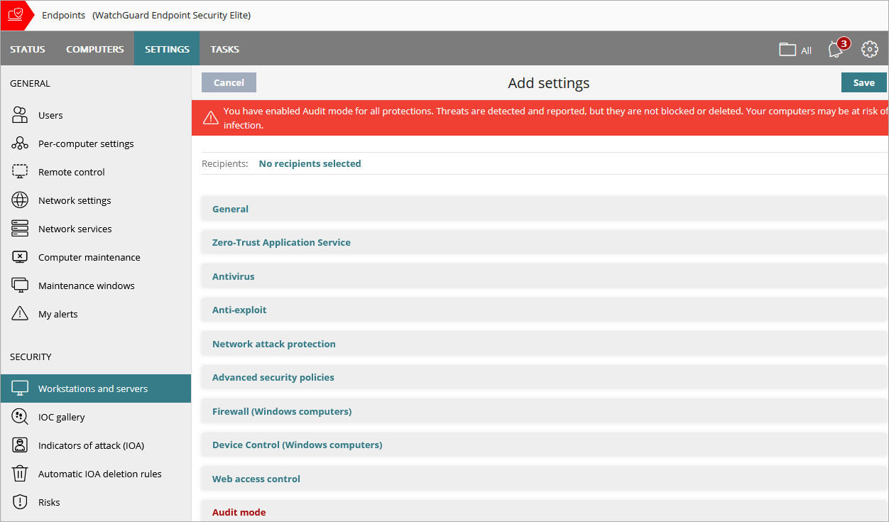 Screen shot of WatchGuard Endpoint Security, Workstations and Servers settings with audit mode