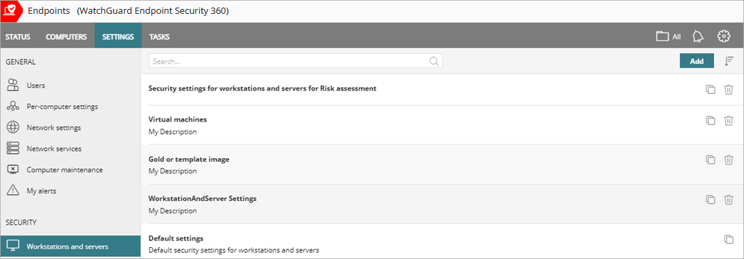 Screen shot of WatchGuard Endpoint Security, Workstations and servers settings profiles