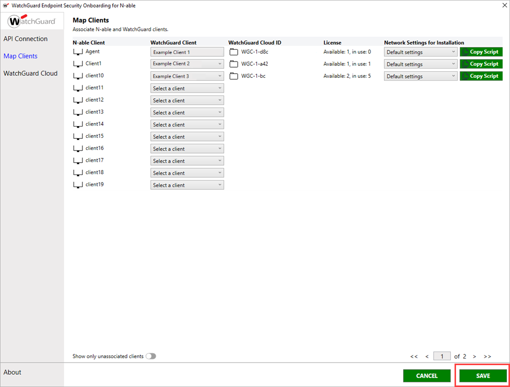 Screenshot of the Map Clients page of the WatchGuard Endpoint Security Onboarding for N-able application