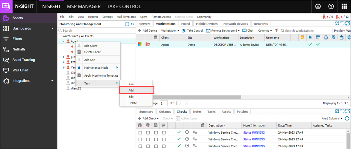 Screenshot of the Client List in N-able N-sight with Task > Add highlighted