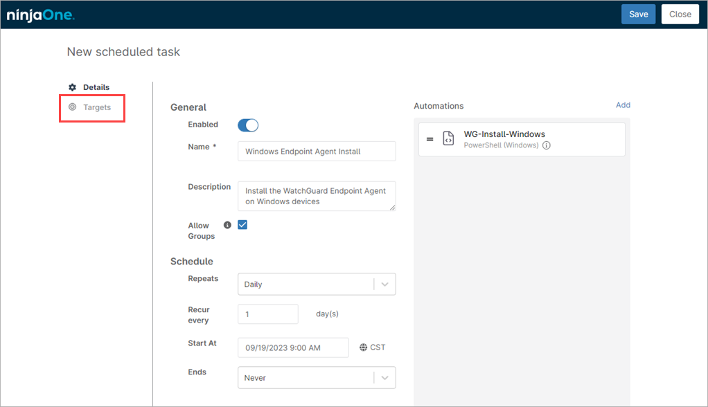 Screenshot of Targets highlighted on the New Scheduled Task page in NinjaOne