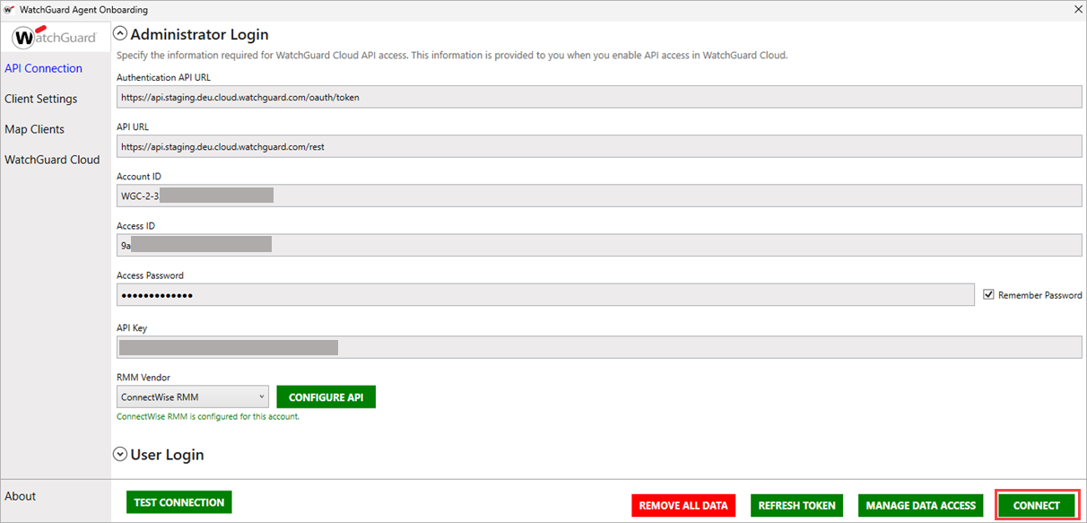 Screen shot of WatchGuard Agent Onboarding application, API Configuration page