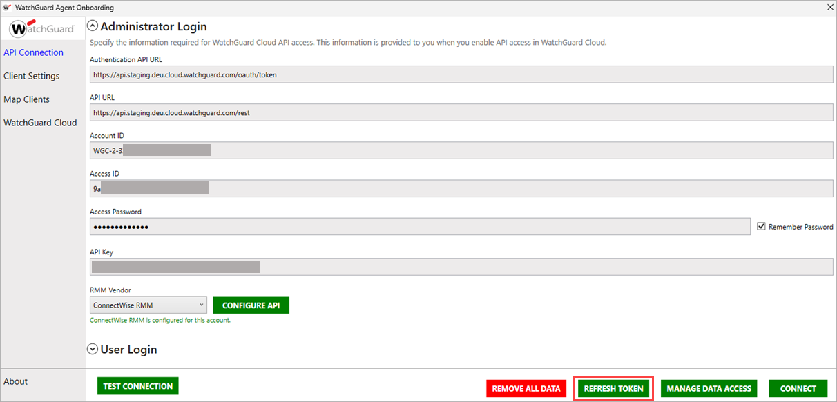 Screen shot of WatchGuard Agent Onboarding application, API Configuration page