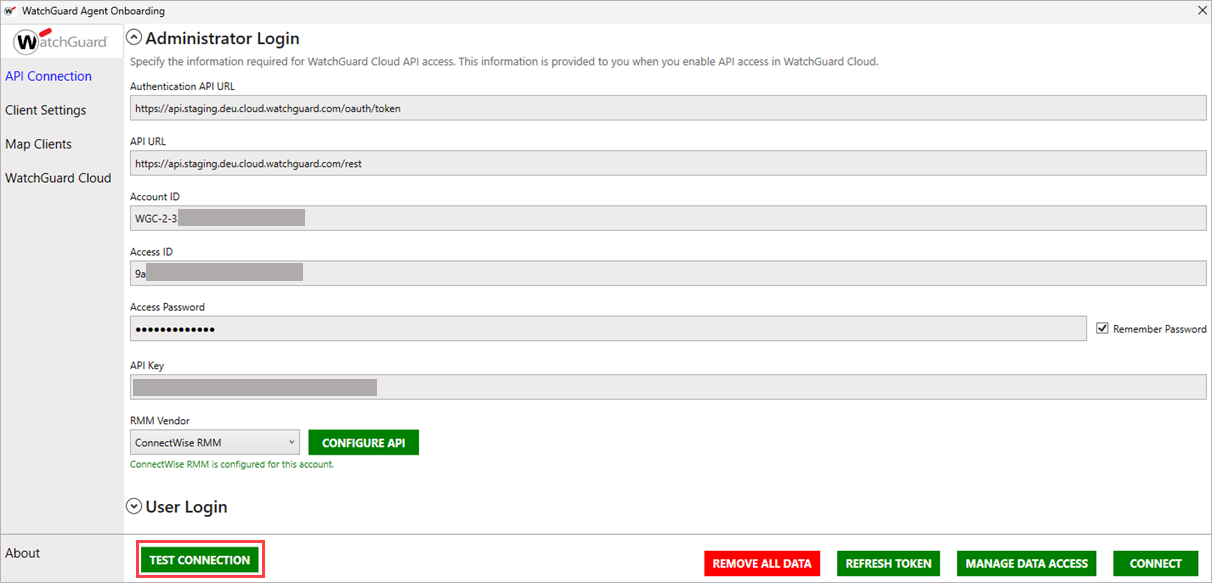 Screen shot of WatchGuard Agent Onboarding application, API Configuration page, Test Connection button highlighted.