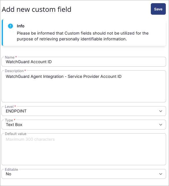 Screen shot of ConnectWise RMM, Add new custom field dialog box