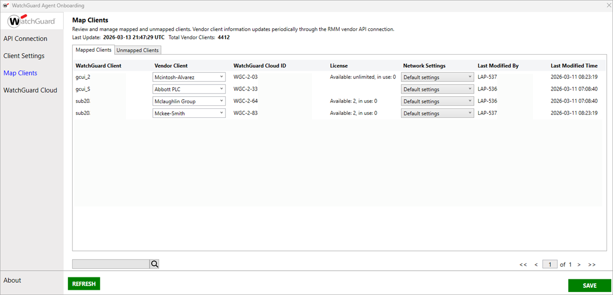 Screen shot of WatchGuard Agent Onboarding application, Map Clients page, Mapped Clients tab.