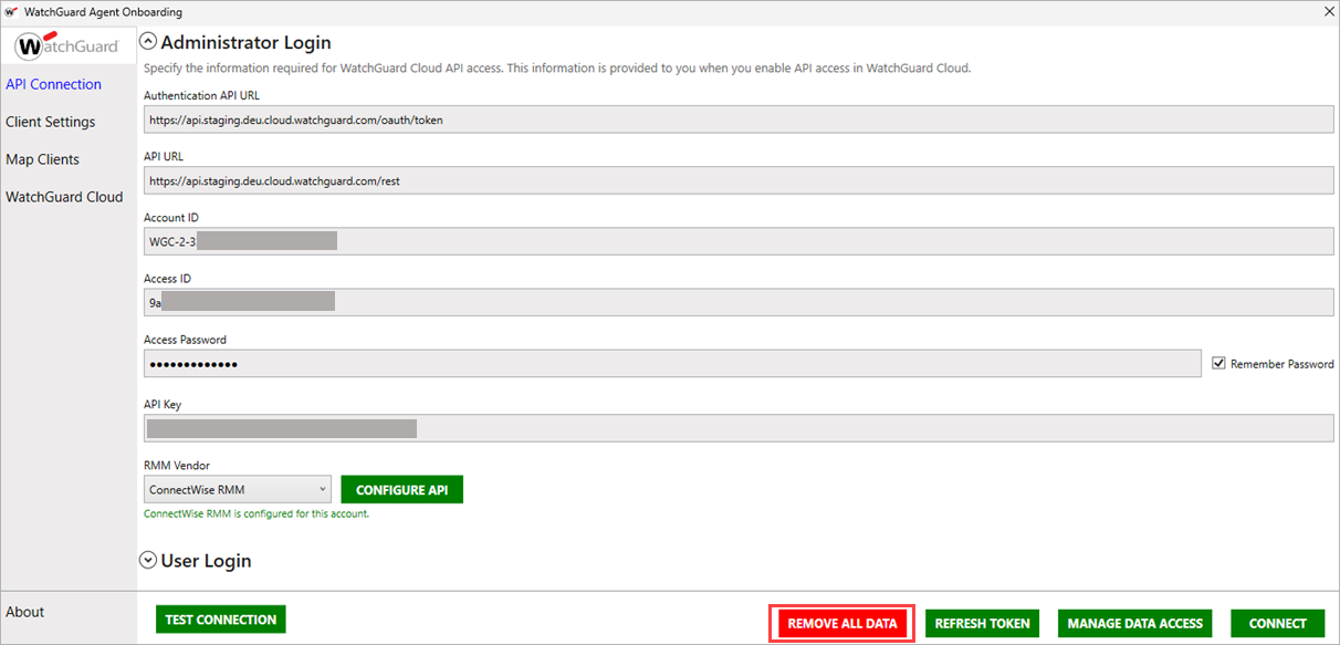 Screen shot of WatchGuard Agent Onboarding application, API Configuration page