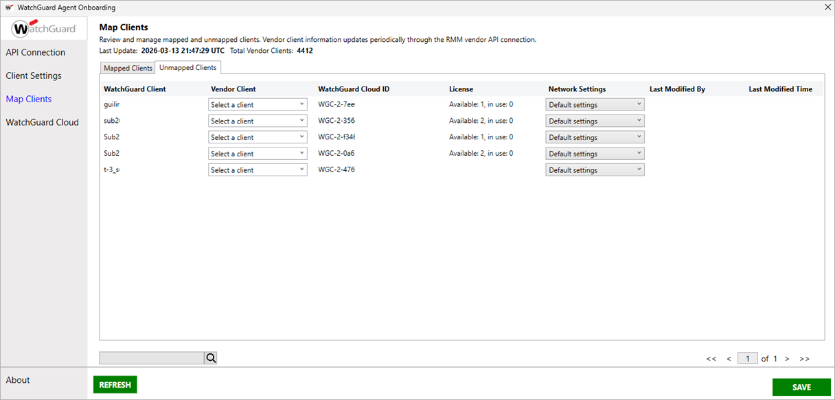 Screen shot of WatchGuard Agent Onboarding application, Map Clients page, Unmapped Clients tab.