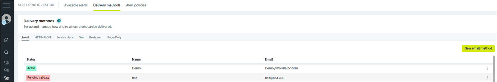 Screen shot of Endpoint Security 360, Advanced Visualization Tool, Alerts delivery methods