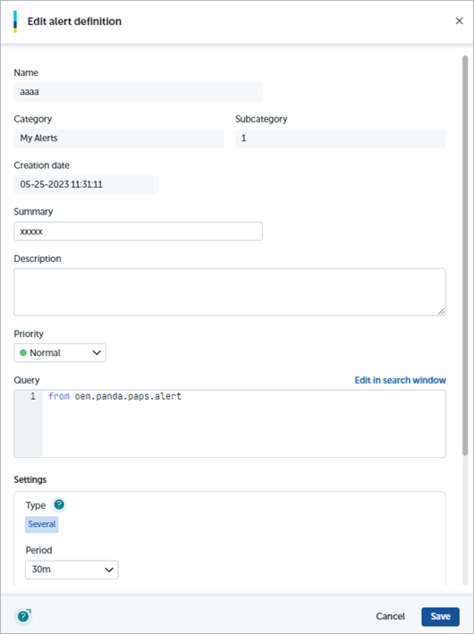 Screen shot of Endpoint Security 360, Advanced Visualization Tool, Edit Alert Definition