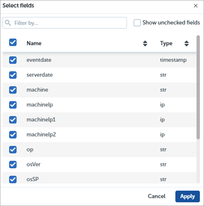 Screen shot of Endpoint Security 360, Advanced Visualization Tool, Select Columns dialog box