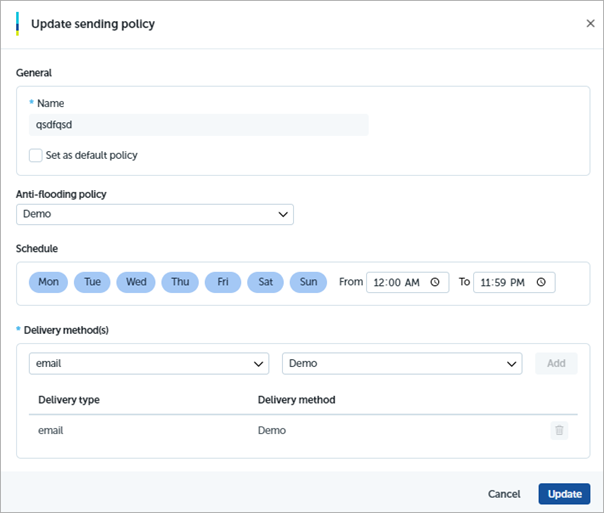Screen shot of Endpoint Security 360, Advanced Visualization Tool, Sending Policy dialog box