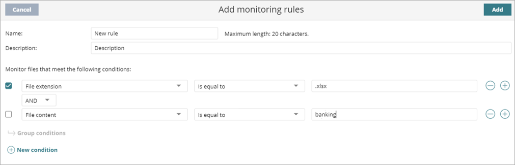 Screen shot of Endpoint Security 360, Data Control, add new condition