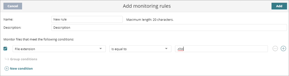 Screen shot of Endpoint Security 360, Data Control, add monitoring rules