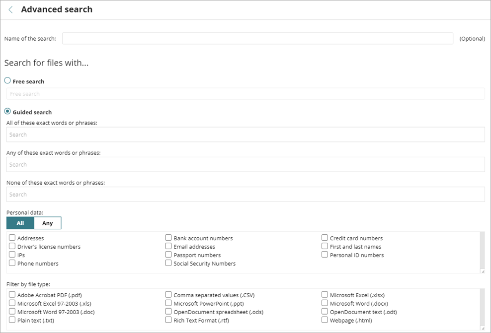 Screen shot of Endpoint Security 360, Data Control Advanced Search