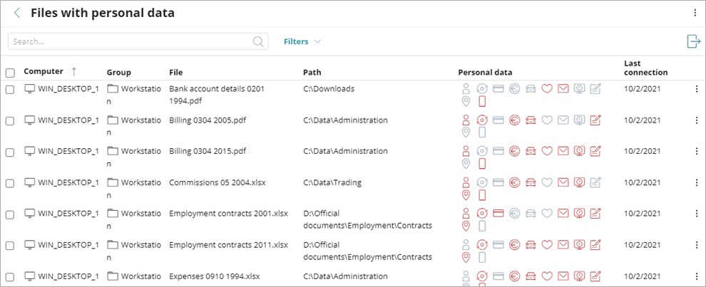 Screen shot of Endpoint Security 360, Data Control Files with Personal Data list