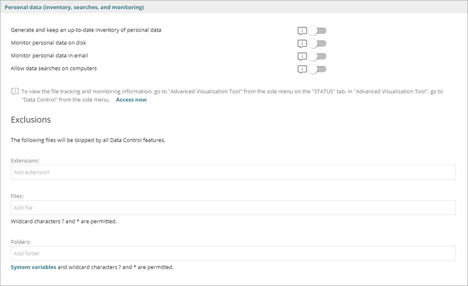 Screen shot of Endpoint Security 360, Data Control exclusions