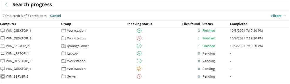 Screen shot of Endpoint Security 360, Data Control Search Progress list