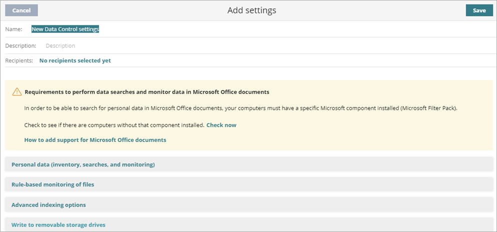 Screen shot of Endpoint Security 360, Data Control settings
