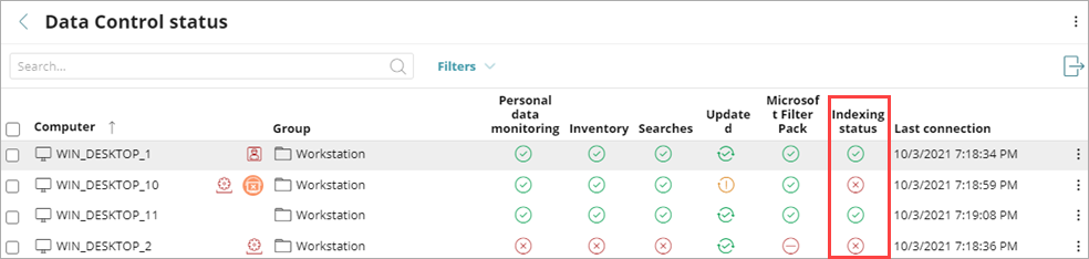 Screen shot of Endpoint Security 360, Data Control indexing status