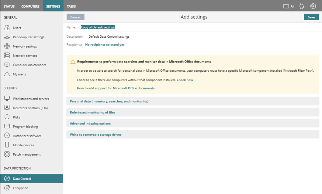 Screen shot of Endpoint Security 360, Data Control settings