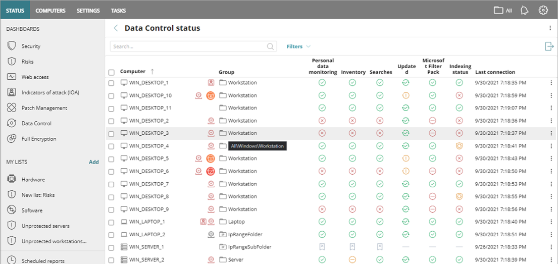 Screen shot of Endpoint Security 360, Data Control status list