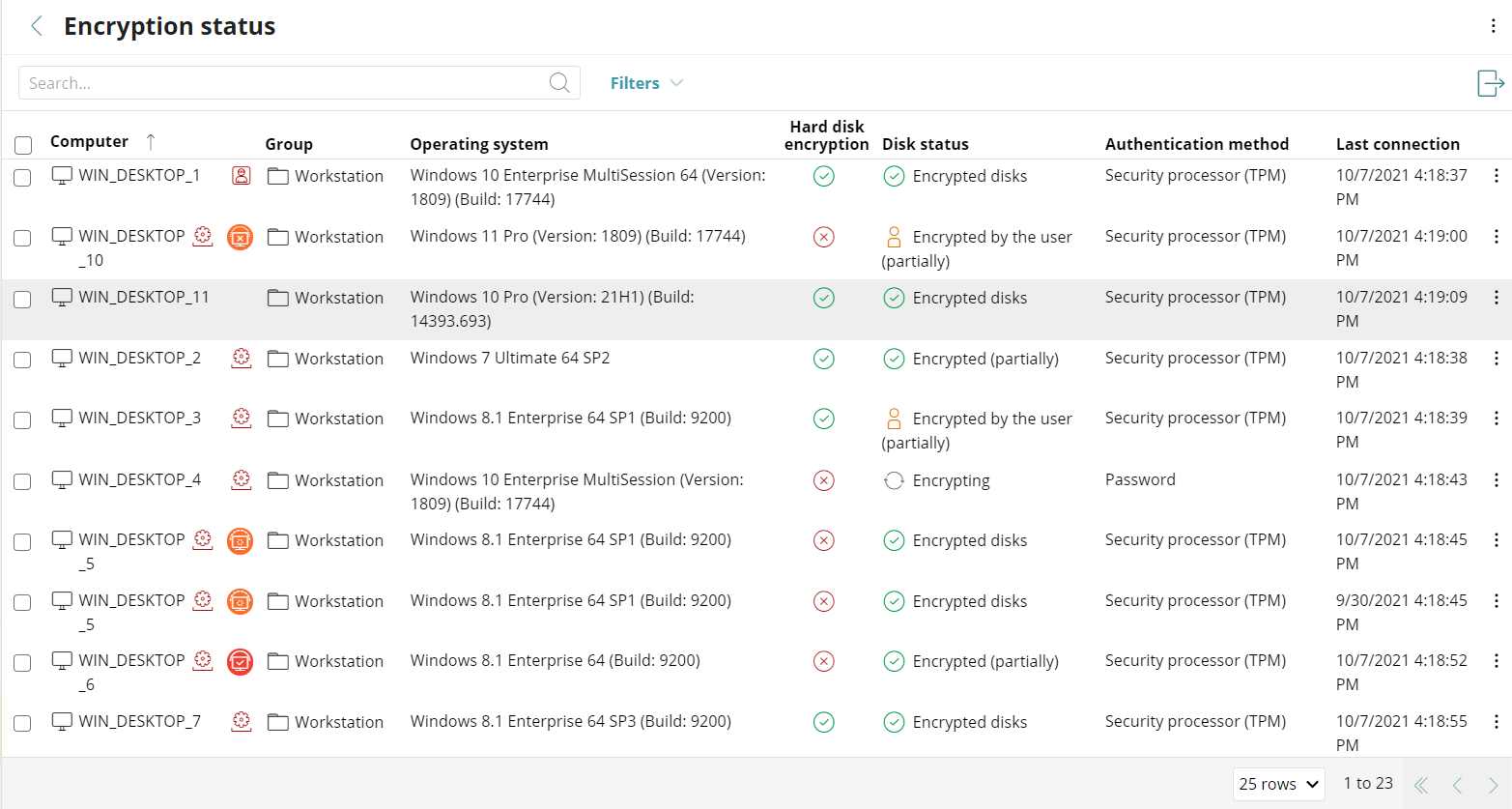 Screenshot of the encryption status