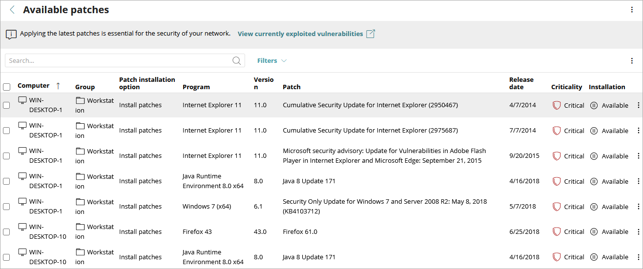 Screen shot of Available Patches list