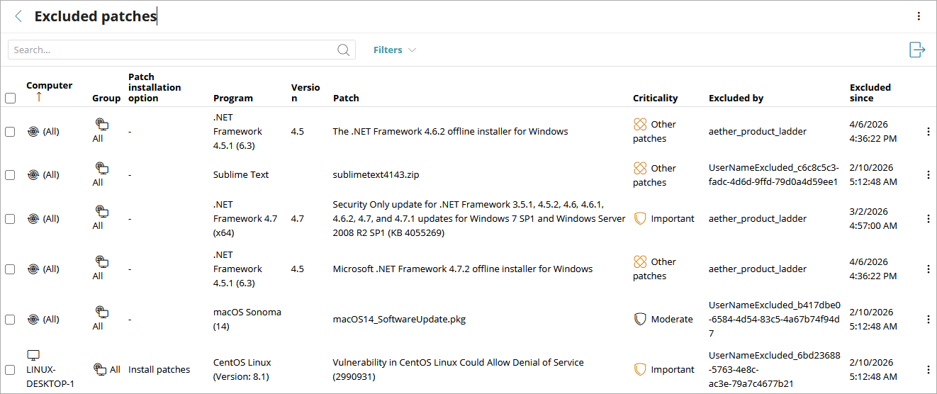Screen shot of Excluded Patches list