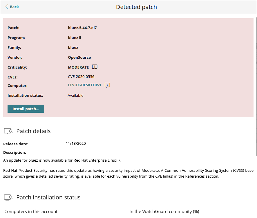 Screen shot of Patch Detected page