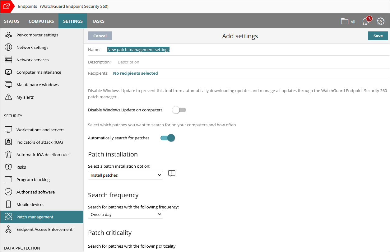 Screen shot of Patch Management Settings