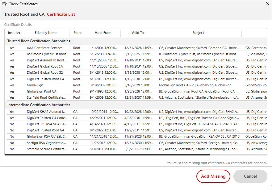 Screen shot of PSInfo, Check Certificates page